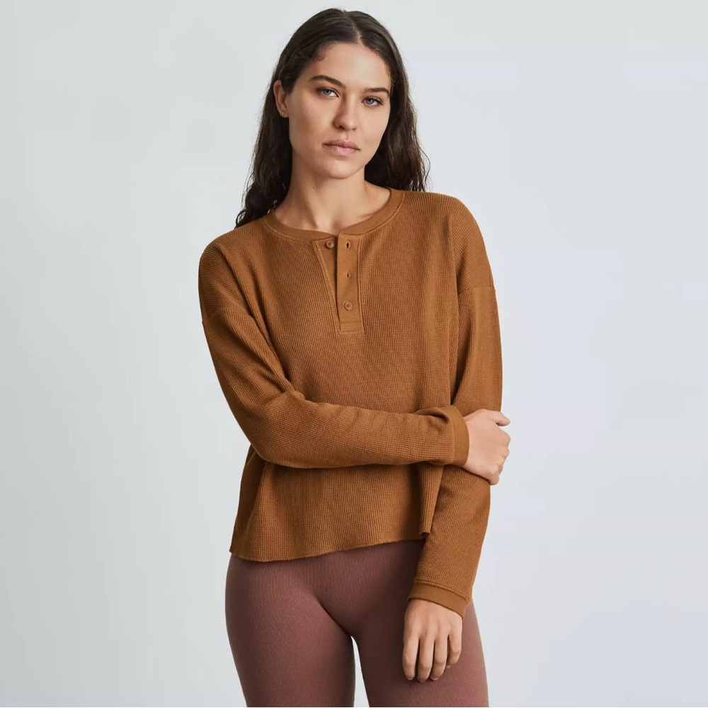 EVERLANE Waffle Long Sleeve Crop Shirt, Burnt Orange - XXS - Picture 2 of 13